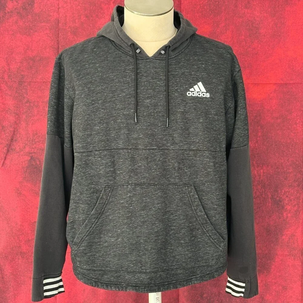 ADIDAS MEN'S GRAY & DARK GRAY HOODIE THREE -STRIPES ON THE CUFFS, L (LARGE)